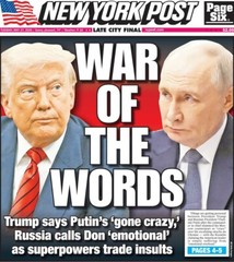 PRESIDENT DONALD TRUMP war of the words MAY 2025 NY POST NEWSPAPER in polysleeve